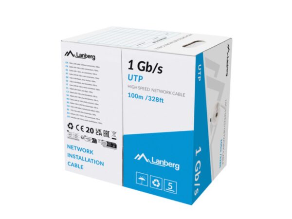 BOBINA CABLE RED LANBERG UTP RJ45 1GB/S SOLIDO CCA AWG23 100M GRIS