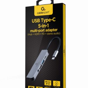 ADAPTADOR MULTIPUERTO GEMBIRD USB TIPO C 5 EN 1 HUB HDMI PD AUDIO ESTERO