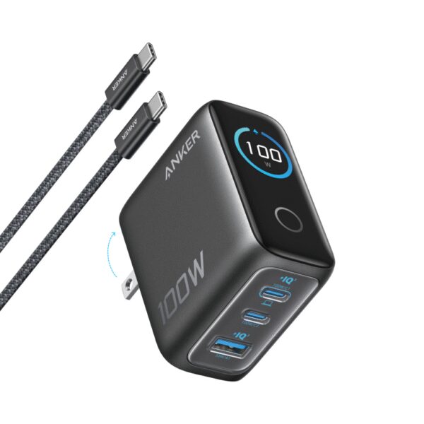 CARGADOR DE PARED ANKER 100W 3 PUERTOS CON PANTALLA INTELIGENTE NEGRO