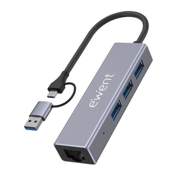 EWENT HUB 3 PUERTOS USB-A 3.1 + 1 PUERTO GIGABIT, COMPATIBLE USB-C