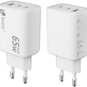 LEOTEC CARGADOR 65W GAN ULTRA SLIM 2 USB C PD+1 USB A BLANCO (APPLE Y SAMSUNG)